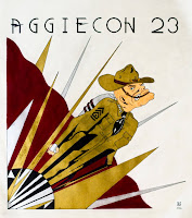 Aggiecon 23 convention logo derived from art deco Rocketeer movie one-sheet