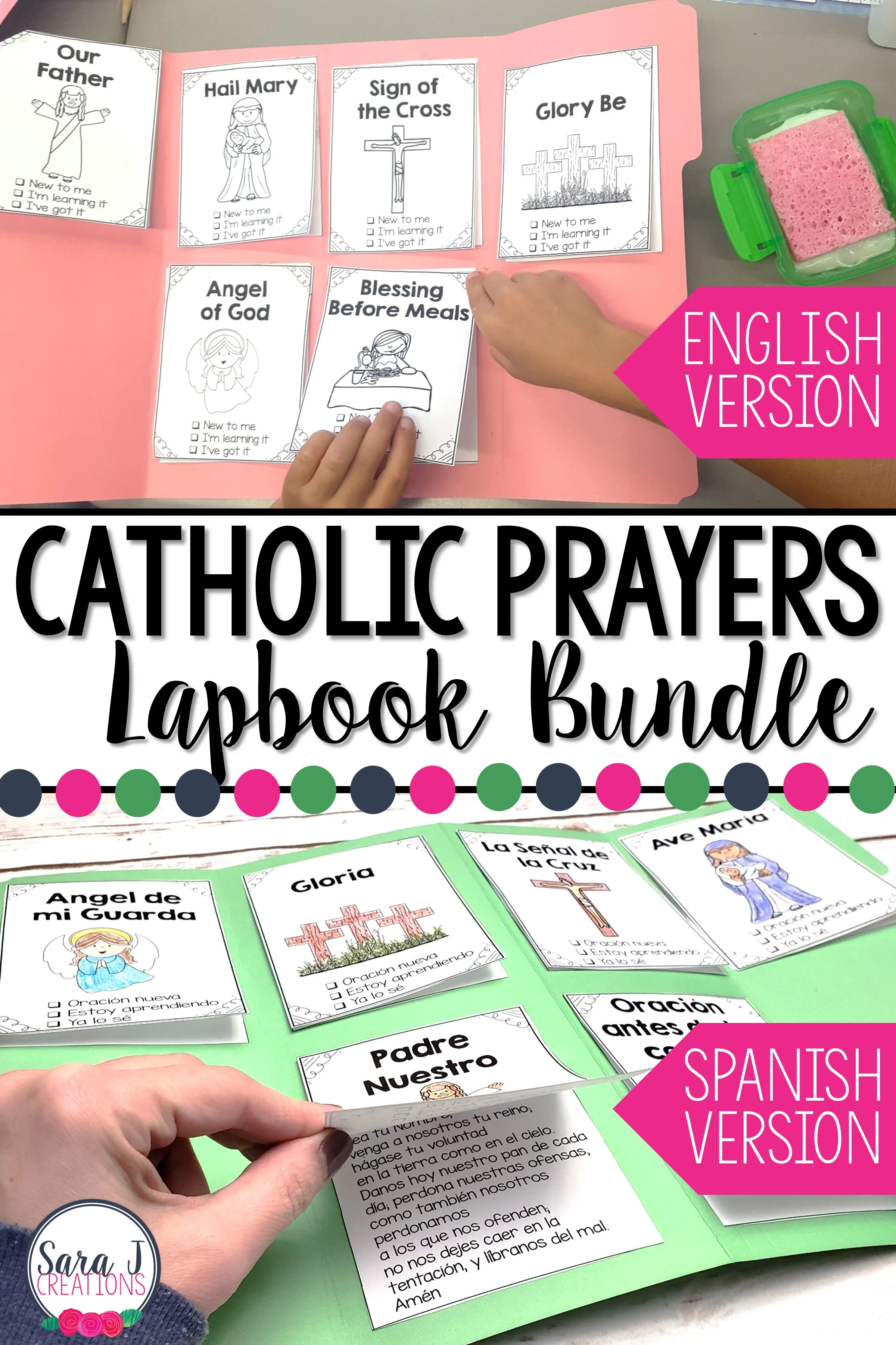 Catholic prayers lapbooks in Spanish and English bundle
