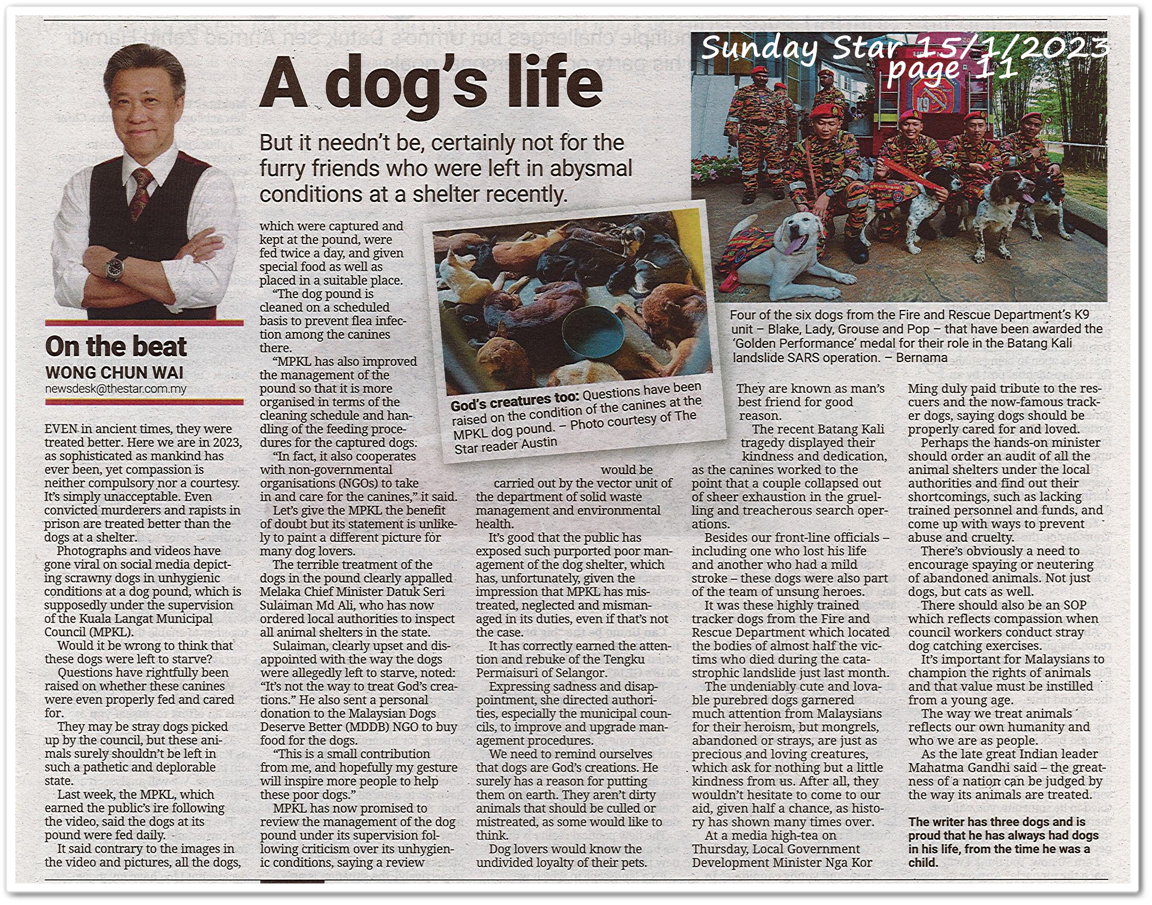 A dog's life ; But it needn't be, certainly, not for the furry friends who were left in abysmal conditions at a shelter recently - Keratan akhbar Sunday Star 15 Januari 2023