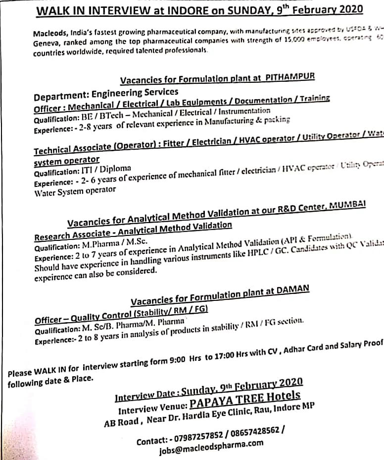 WALK IN INTERVIEW at INDORE On SUNDAY, 9" February 2020  Maclcods, India's fastest growing pharmaceutical company,