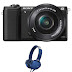 Sony Alpha ILCE-5100L 24.3MP Digital SLR Camera (Black) with 16-50mm Lens, with Camera case, Memory Card and Sony MDR-XB550AP Headphones.