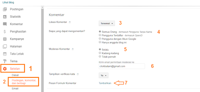 Contoh setting moderasi komentar blogger