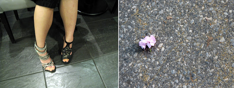 silver shoes and pink flower