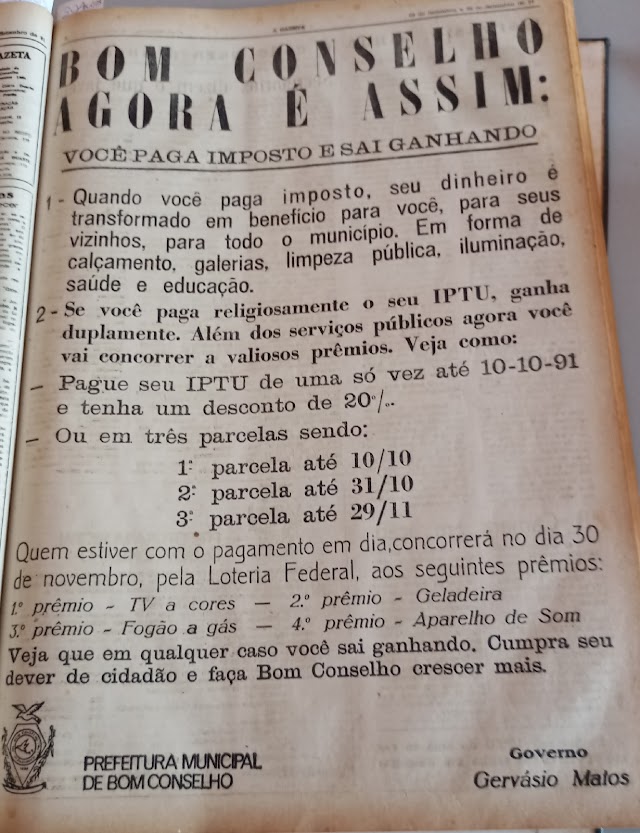 PRIMEIRO IPTU PREMIADO DE BOM CONSELHO FOI NA GESTÃO DE GERVÁSIO MATOS EM 1991