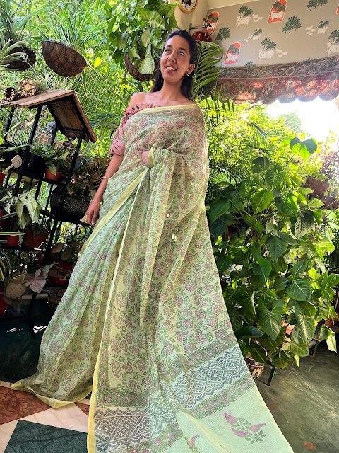 Hand block printed kota doria saree.