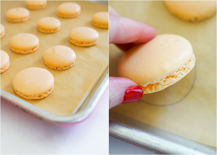 how to tell when macarons are ready: feet and peel from parchment