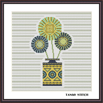 Striped vase with abstract flowers cross stitch pattern - Tango Stitch