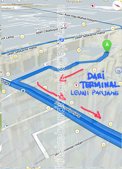 Peta rute jalan dari Bandung ke Stadion Si Jalak Harupat Soreang dari terminal leuwi panjang lewat perempatan cibaduyut jalan soekarno hatta patung sepatu