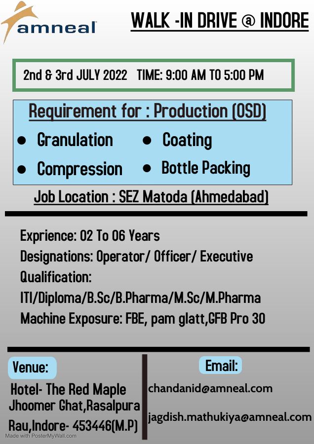 Amneal Pharma | Walk-in interview at Indore for Manufacturing (OSD & Injectables) on 2nd & 3rd July 2022