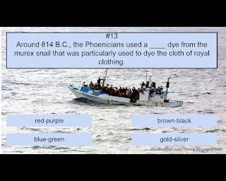 Around 814 B.C., the Phoenicians used a ____ dye from the murex snail that was particularly used to dye the cloth of royal clothing. Answer choices include: Answer choices include: red-purple, brown-black, blue-green, gold-silver