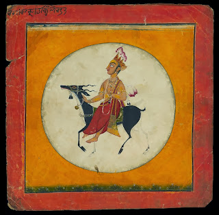 The moon-god, Chandra, who carries a sprig of some and rides an antelope Pahari painting 