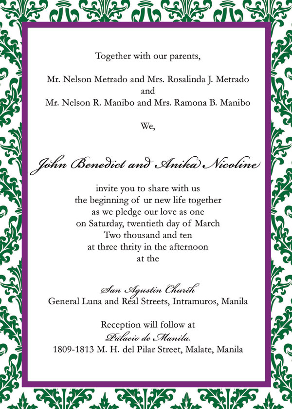Sample Wedding Invitation Benjo and Anika