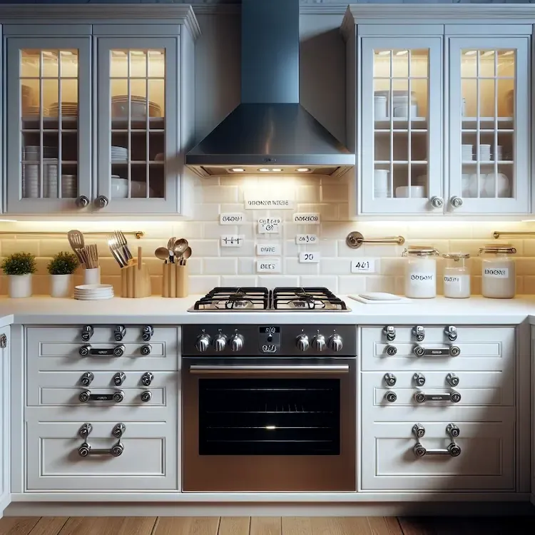 A well-lit kitchen with clear countertops, labeled cabinets, and stove knobs covered with safety locks.