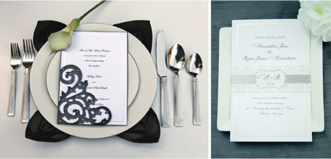 Print your invitation design on white pearl border paper and wrap with