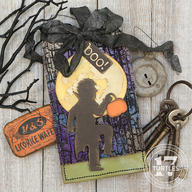 Dracula Halloween Tag by Juliana Michaels featuring Tim Holtz Sizzix Halloween 2023 Moonlight Die Set, Halloween Night Die Set and Cracked Embossing Folder