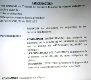 Citoyenneté économique : l'État comorien demande 500 Milliards aux condamnés