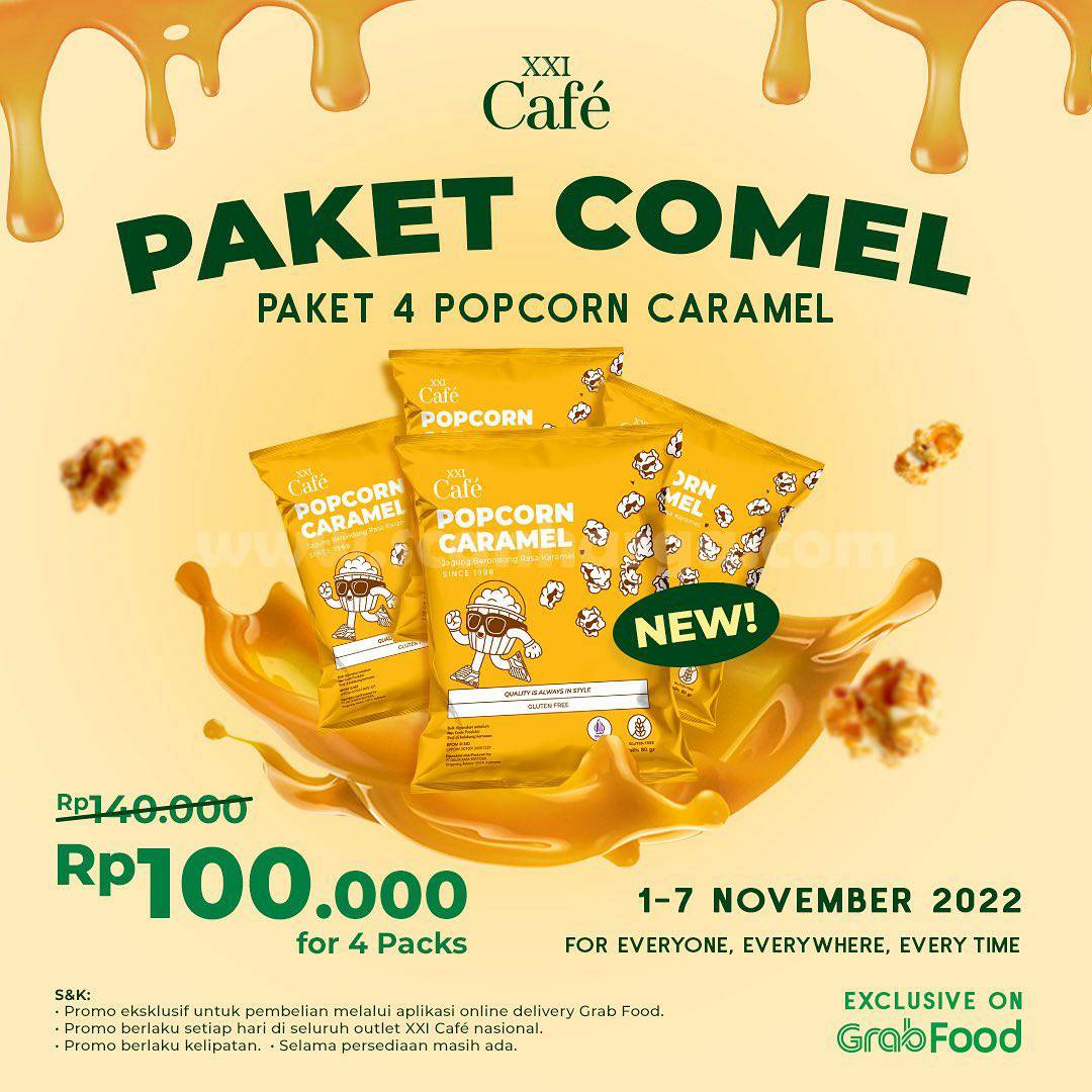 Promo XXI CAFE PAKET COMEL GRABFOOD - 4 Popcorn Caramel cuma 100RB