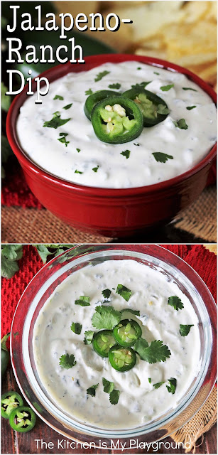 Jalapeno-Ranch Dip ~ Add a little kick to your Ranch dip! Easily control the heat level of this tasty little dip by adjusting the way you prepare the jalapenos, making it from super mild, to medium, to full-on jalapeno-heat. But no matter how you make it, serve it up with some chips or veggies for one super tasty snacking treat.  www.thekitchenismyplayground.com