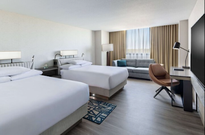 color photo of grey, blue, white room, Hyatt Regency O'Hare hotel near Chicago O'Hare airport, Premier Tower double bed room