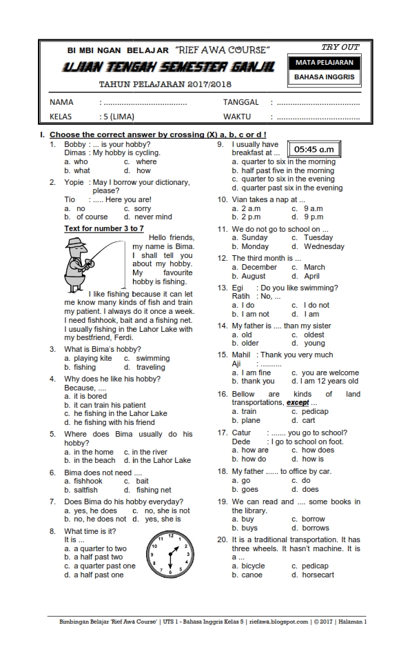 Download Soal  Ujian  Tengah  Semester  Ganjil UTS 1 Bahasa 