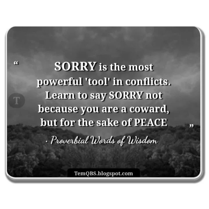 SORRY is the most powerful 'tool' in conflicts. Learn to say SORRY not because you are a coward, but for the sake of PEACE - Wise Words: Proverbial Quote