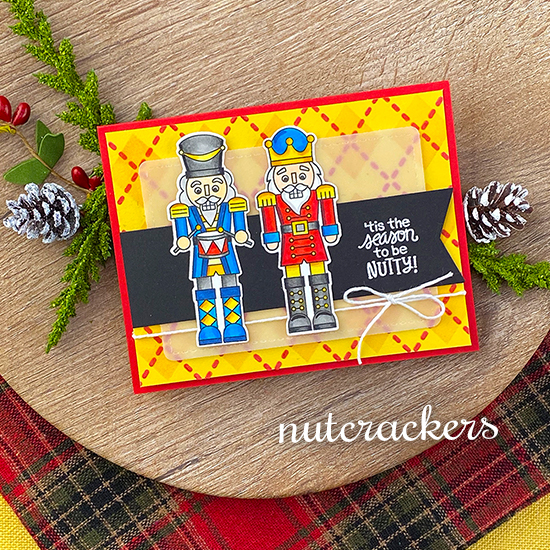 Nutcrackers card by Jennifer Jackson | Nutcrackers Stamp Set, Argyle Stencil Set and Frames & Flags Die Set by Newton's Nook Designs #newtonsnook #handmade