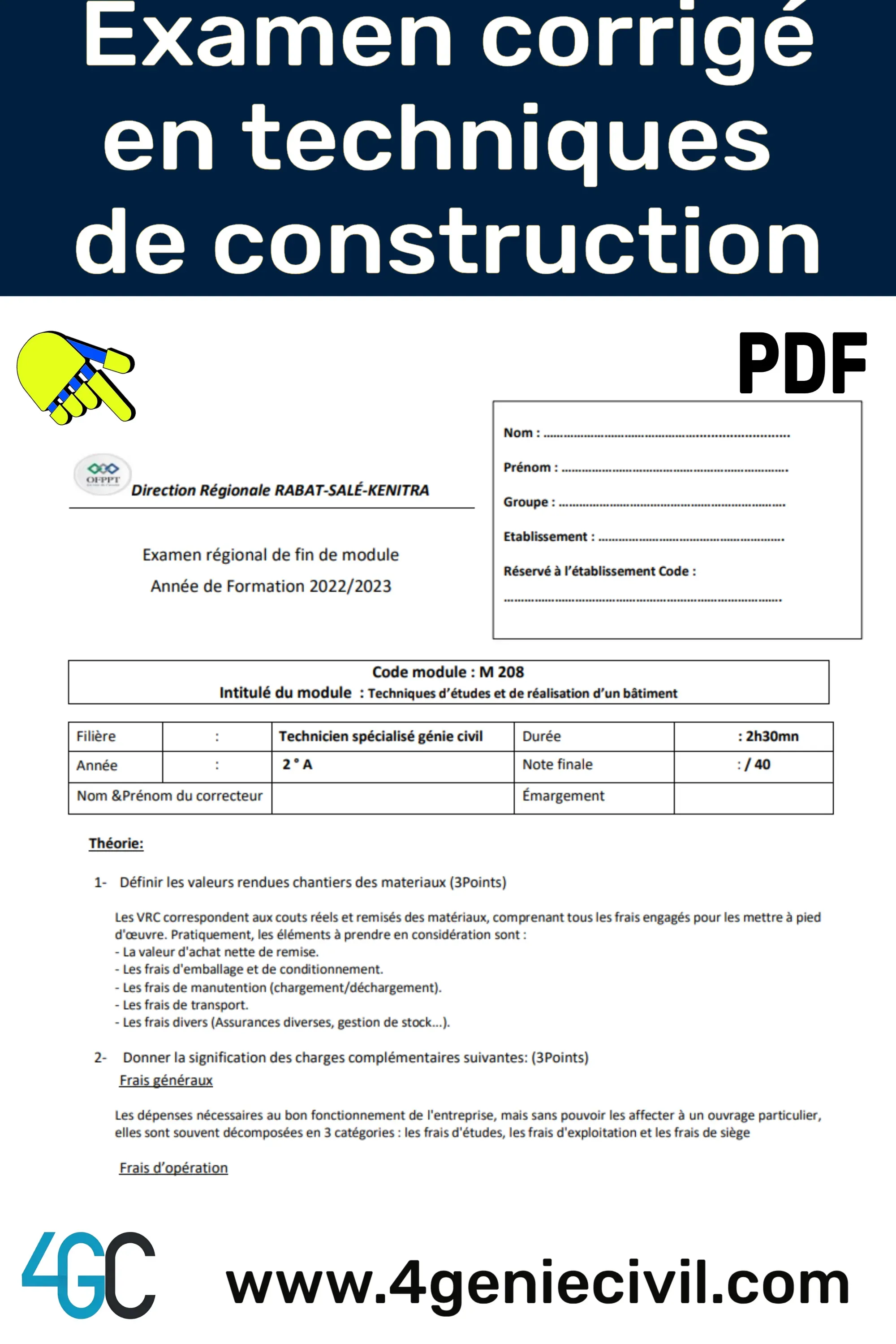 Examen corrigé en techniques de construction – Télécharger le PDF Télécharger l’examen corrigé en techniques de construction PDF de l'OFPPT pour maîtriser calculs, coûts et ouvrages élémentaires.