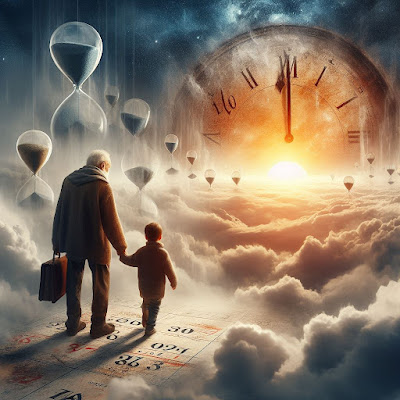 ancião segurando a mão de uma criança, os dois caminhando sobre um calendário. No horizonte, aparece um relógio como se fosse o sol a nascer, no céu várias ampulhetas a flutuar. Ilustração gerada por inteligência artificial da Microsoft. #PraCegoVer #ParaTodosVerem