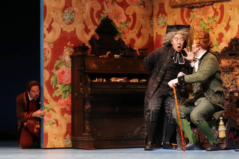 IN PERFORMANCE: (from left to right) Baritone TROY COOK as Figaro, bass ADAM LAU as Don Basilio, and bass-baritone TYLER SIMPSON as Dottor Bartolo in North Carolina Opera's production of Gioachino Rossini's IL BARBIERE DI SIVIGLIA, 1 April 2016 [Photo by Curtis Brown, © by North Carolina Opera]