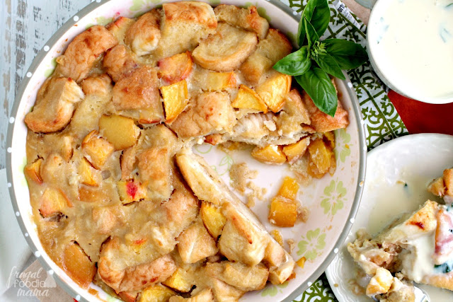 Traditional bread pudding is taken to a whole level of deliciousness with the addition of juicy peaches & a sweet basil cream sauce.