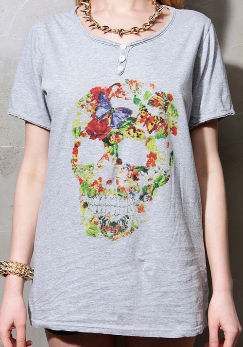 Floral Skull Print Button Up Tee