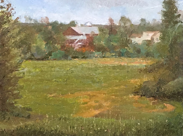 Oil painting of red barn among trees, viewed across rough grassy field with small hillock in foreground