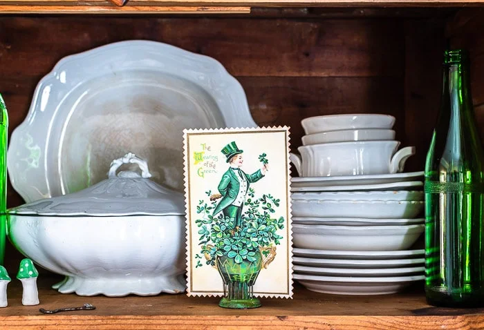white ironstone, St Patrick's Day vintage postcard, green flower frog