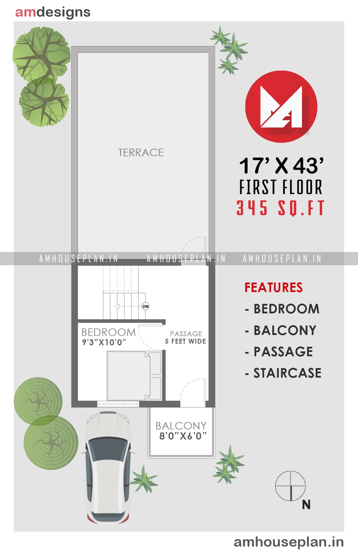 17 x 43 house plan with car parking