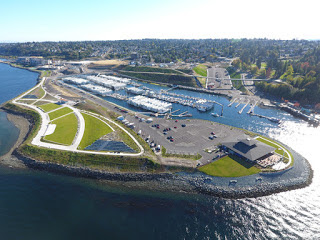 Aerial view of Dune Peninsula showing Puget Sound, walking paths, and the Tacoma Yacht Club.