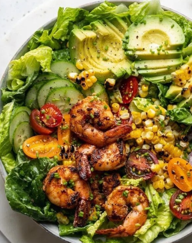 Blackened Shrimp and Grilled Corn Salad with Avocado Ranch