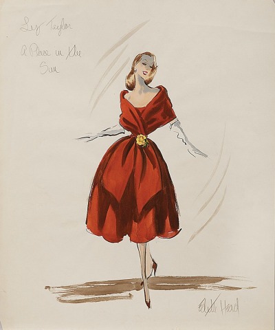Edith Head Sketch showing woman in red dress for movie "A Place in the Sun"