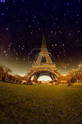 Paris Eiffel Tower at Night (stars and night sky above eiffel tower in paris france)