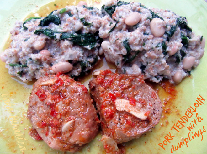 Pork tenderloin with bread, spinach and white bean dumplings by Laka kuharica: juicy meat with unusual dumplings.