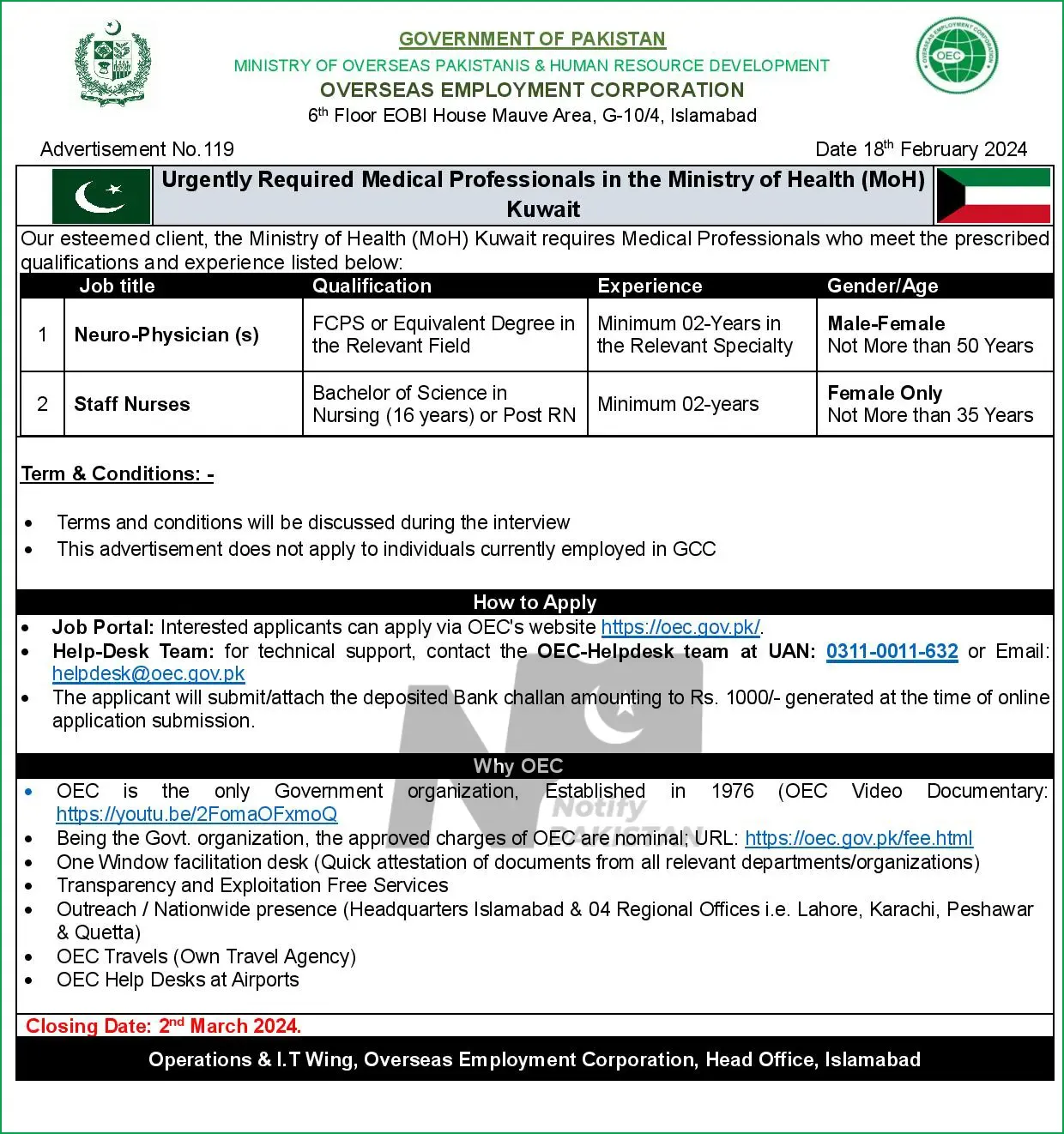 Latest Advertisement OEC Kuwait Jobs 2024