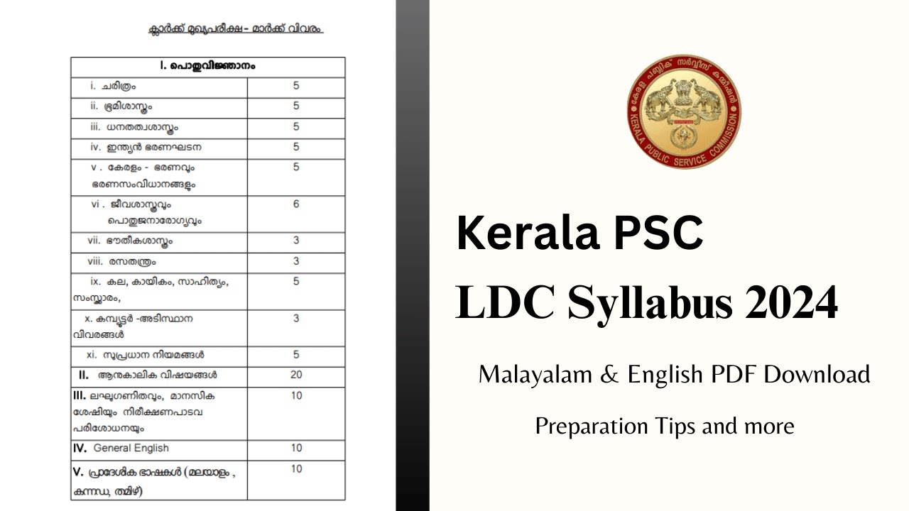 Kerala PSC LDC Syllabus 2024 Malayalam & English PDF Preparation Tips