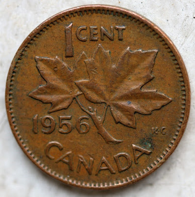 Reverse of 1956 Canadian Cent, date, maple leaves