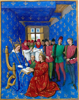 Homenagem de Eduardo I, rei da Inglaterra, a Filipe IV o Belo, rei da França, em 1286, iluminada por Jean Fouquet nas Grandes chroniques de France entre 1455 e 1460 (BnF, Fr. 6465, f. 301v).