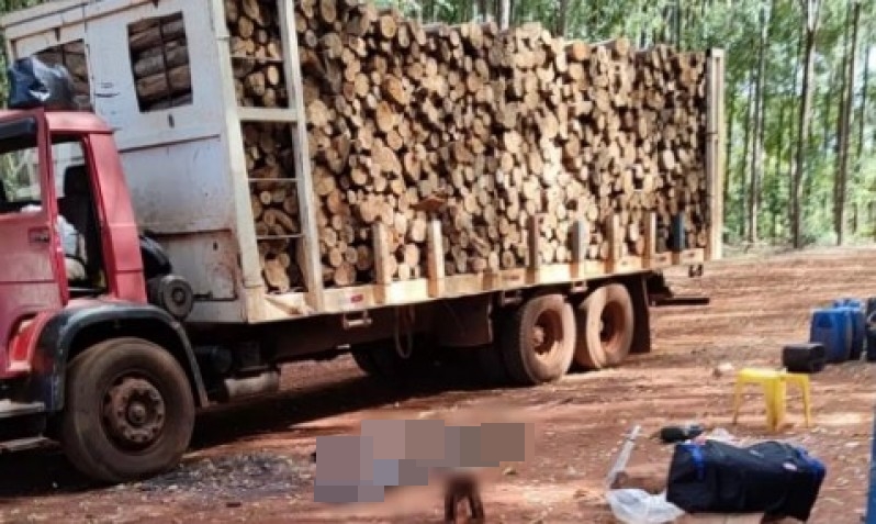 Trabalhador estava carregando caminhão de madeira, quando ocorreu acidente. (Foto: Noticidade)