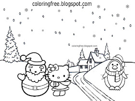 Teenage girls pretty surroundings making winter snowmen coloring sheet hello kitty drawing designs
