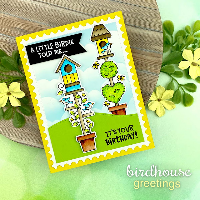 Birdhouse Birthday card by Jennifer Jackson | Birdhouse Greetings Stamp Set, Clouds Stencil, Land Borders Die Set, and Framework Die Set by Newton's Nook Designs
