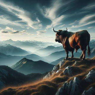 A bull standing on a mountain looking out over distant mountains. Nature photography. Highly detailed. Photo realistic. 4k. Image generated by Microsoft Bing Image Creator.