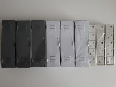 Nine one-twelfth scale modern miniature lockers, six full height and the other three with multiple lockers on the stack