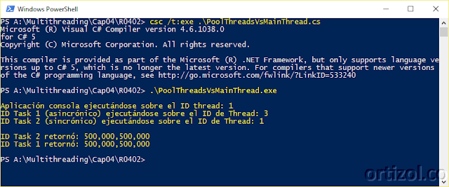 Ejecución assembly PoolThreadsVsMainThread.exe