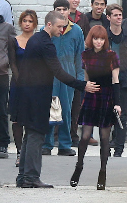 Justin Timberlake with Amanda Seyfried on the set of 